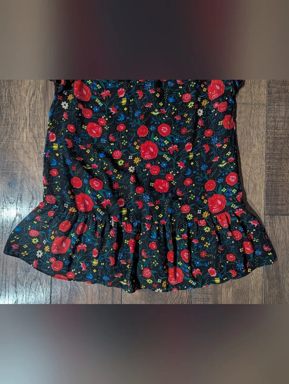 J Crew Black w/ Vibrant Red & Yellow Floral Print Flutter Mini Ruffle Dress Sz S